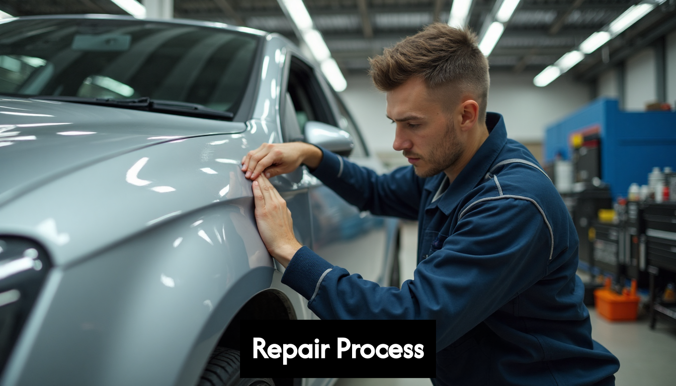 Mechanic inspecting car dent in garage