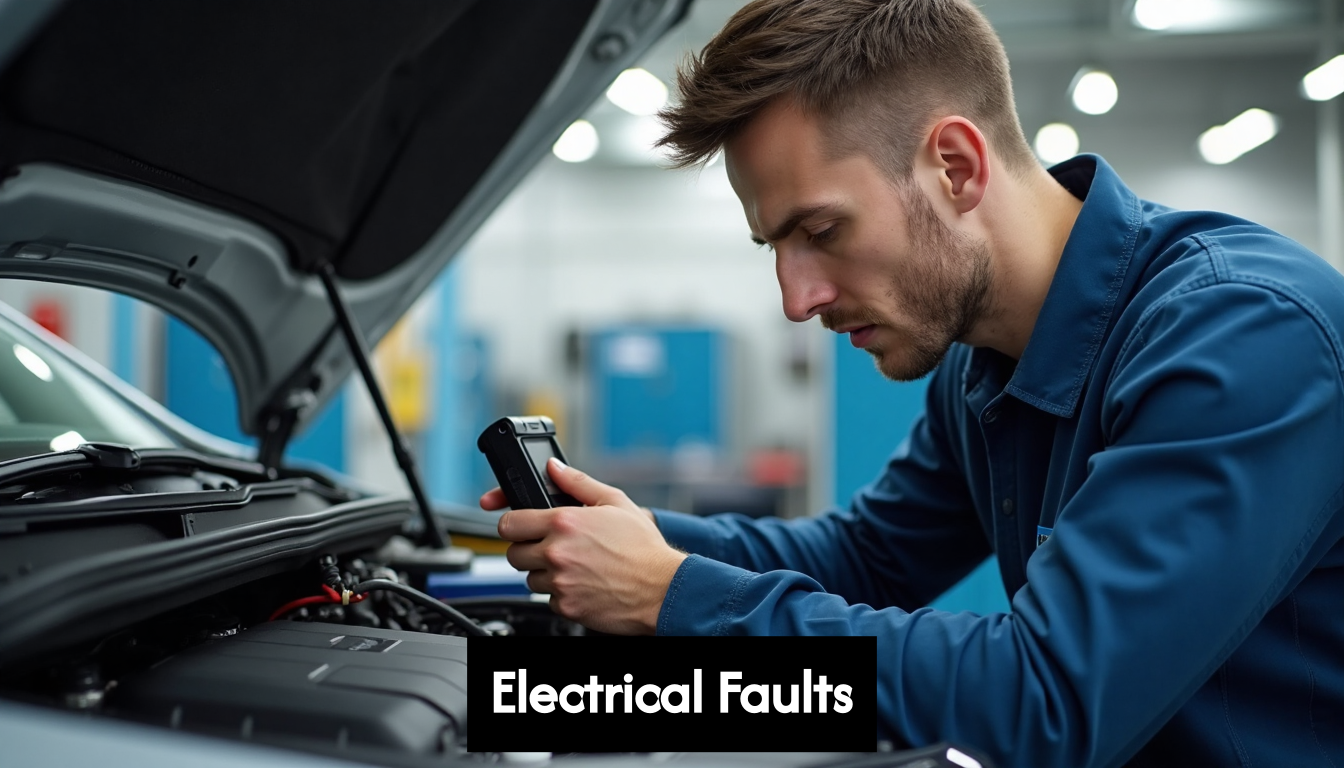 Mechanic inspecting car engine wiring with diagnostic tool