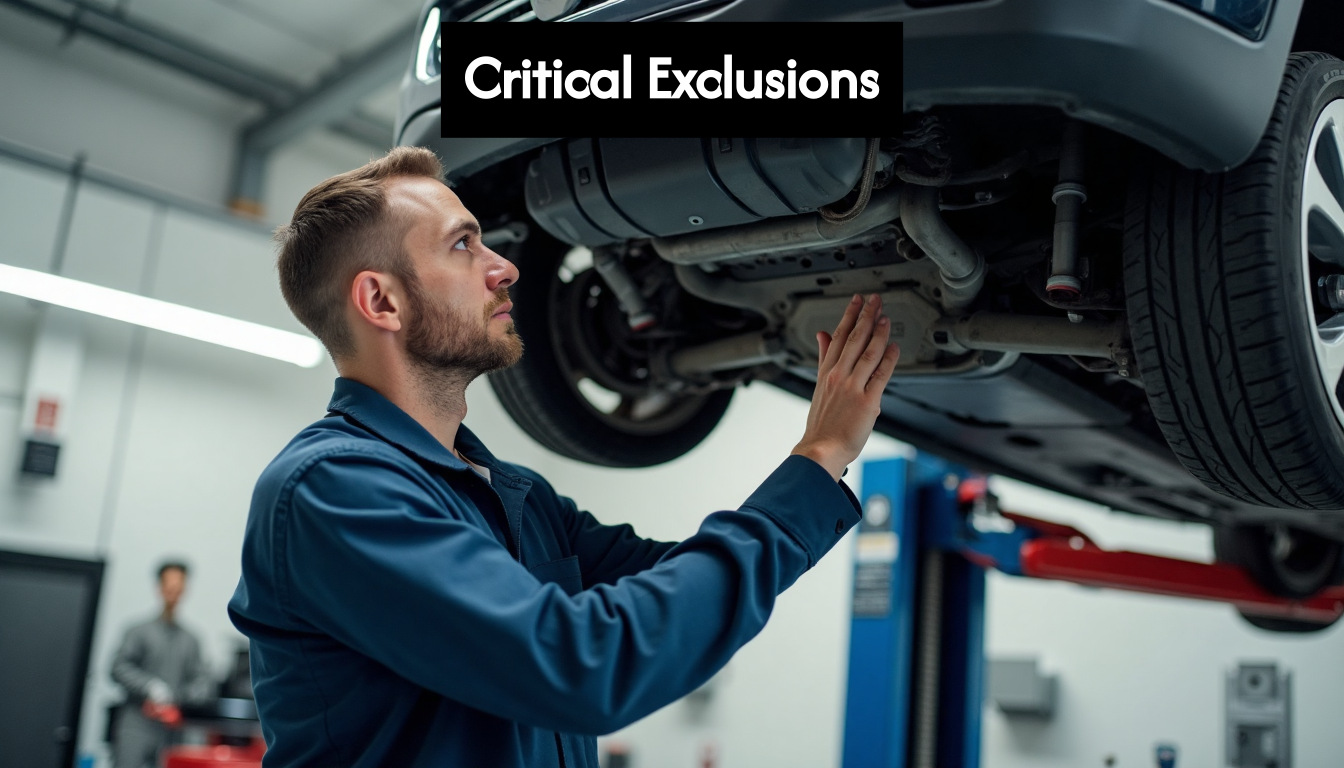 Mechanic inspecting car on lift in garage