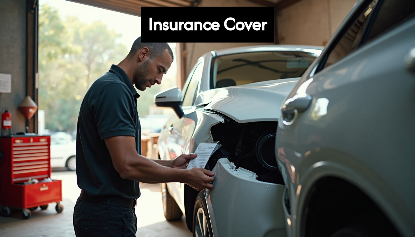 Mechanic inspecting damaged car in workshop