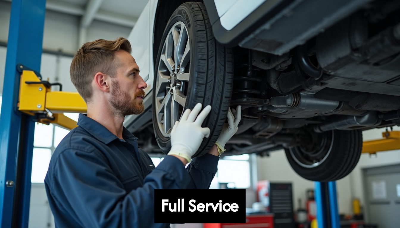 Mechanic inspects car brakes and suspension