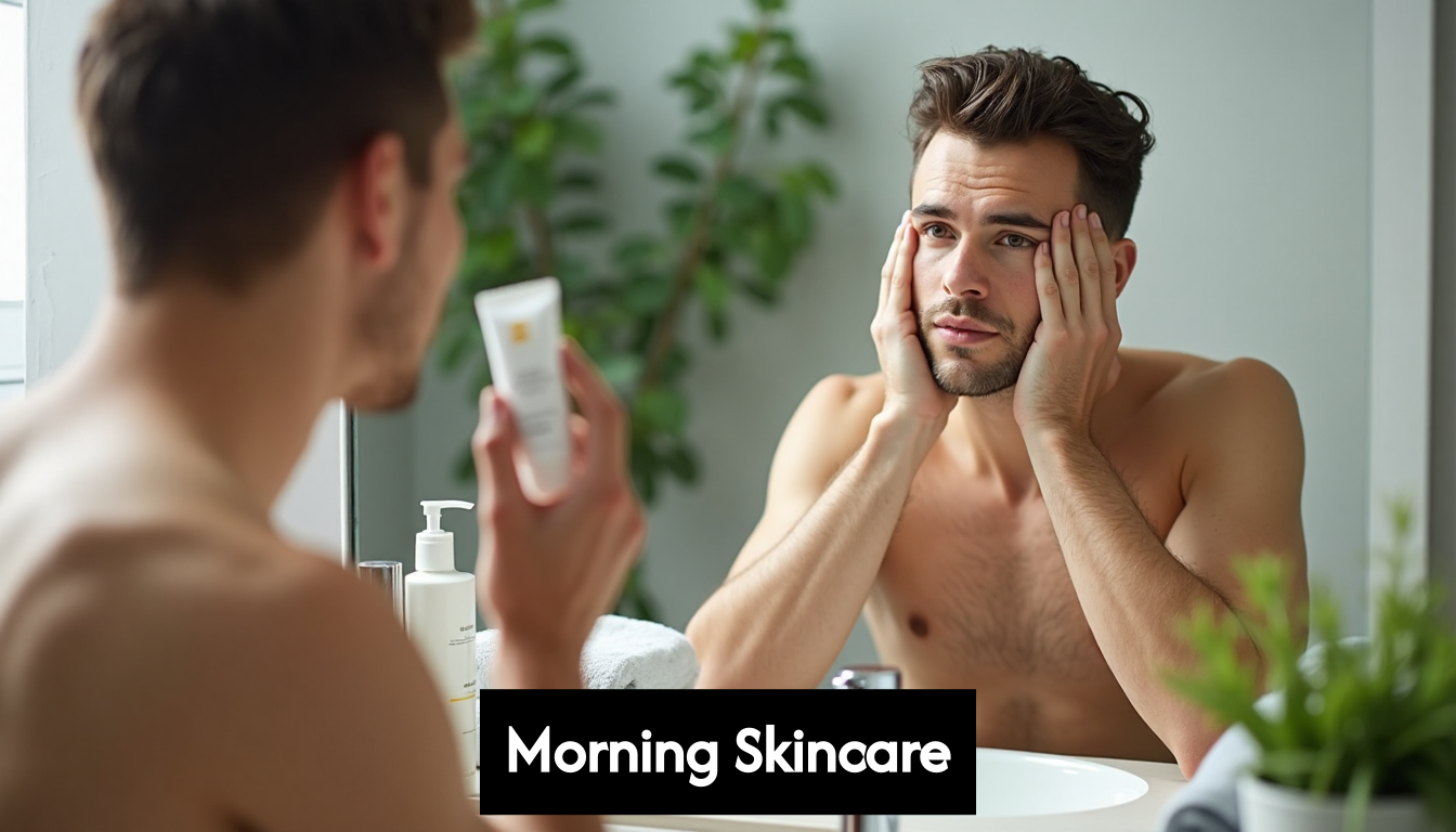 Men performing skincare routines at sink