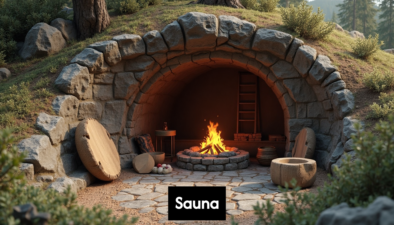 Mesolithic pit sauna with stone hearth and simple cover.
