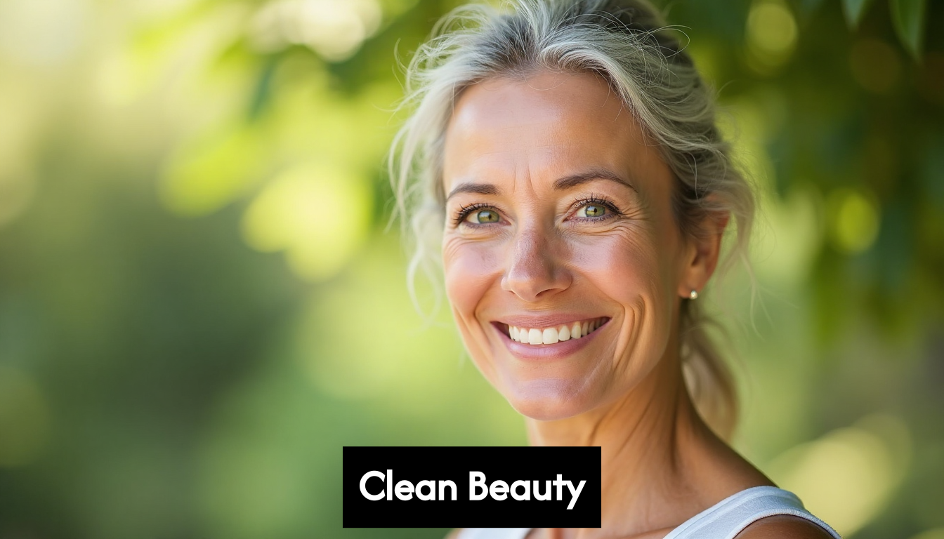 Middle-aged woman with smooth glowing skin smiling outdoors