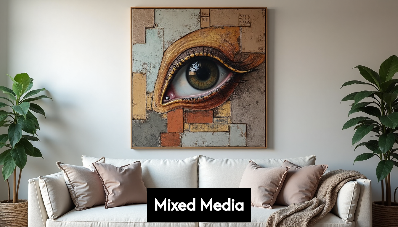 Mixed media artwork on living room wall
