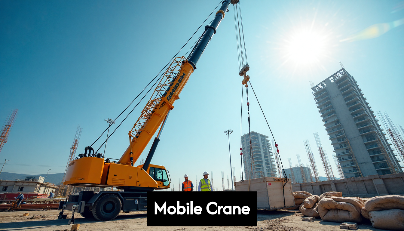 Mobile crane lifting materials at construction site