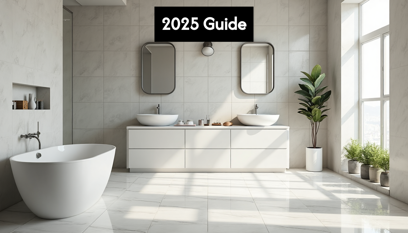 Modern bathroom with large format tiles.