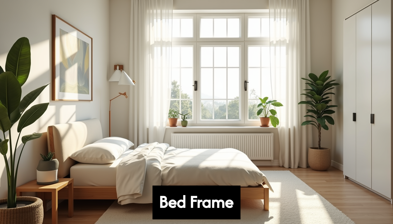 Modern bedroom with a stylish bed frame.