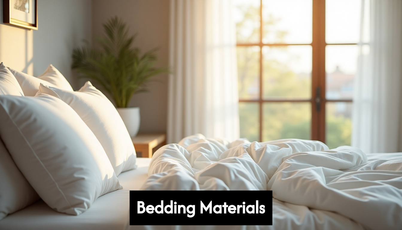 Modern bedroom with luxurious bedding and sunlight
