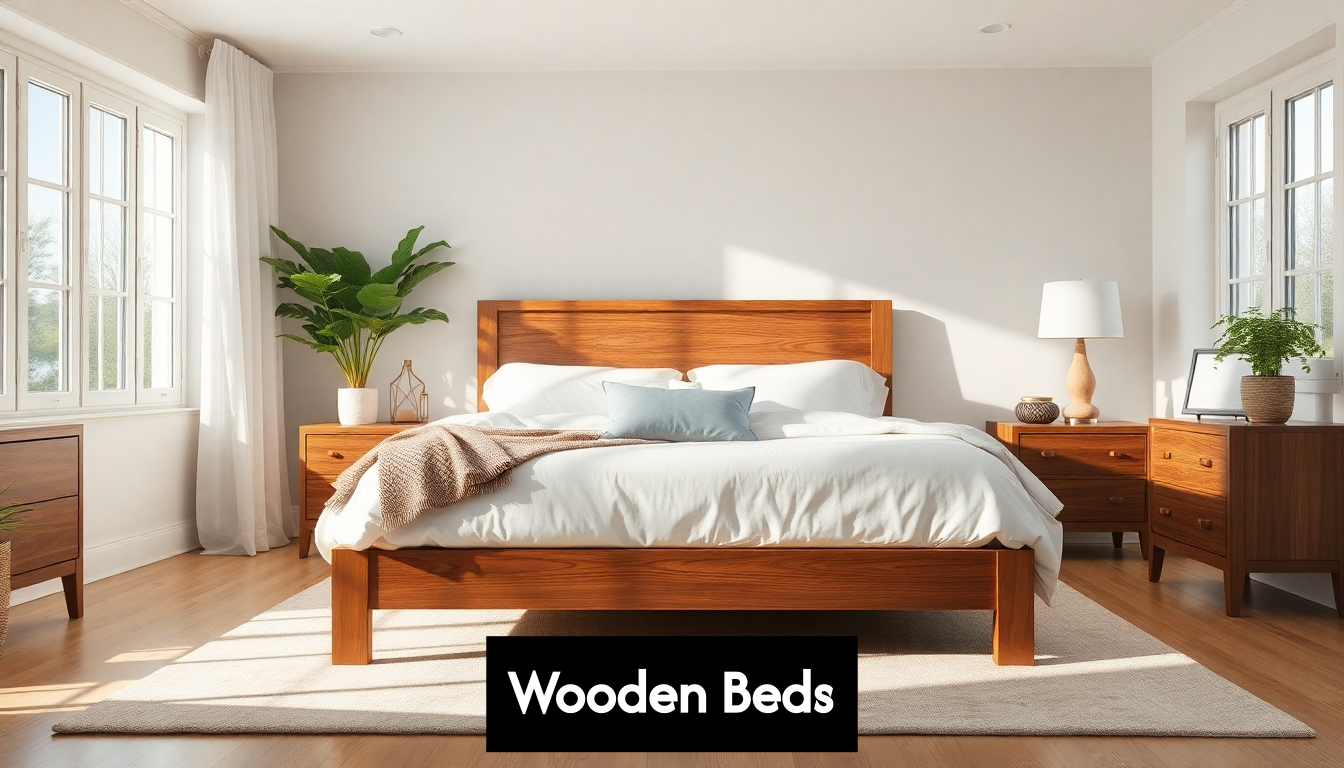 Modern bedroom with natural wood bed frame