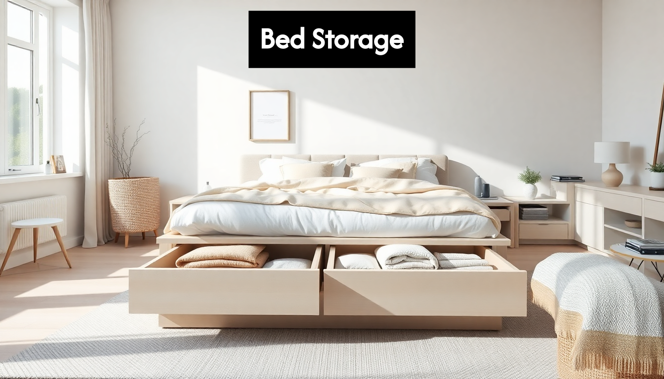 Modern bedroom with storage bed and drawers open