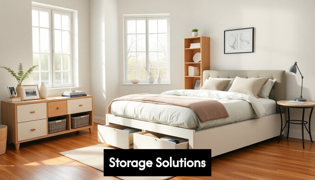 Modern bedroom with storage bed and open storage drawers