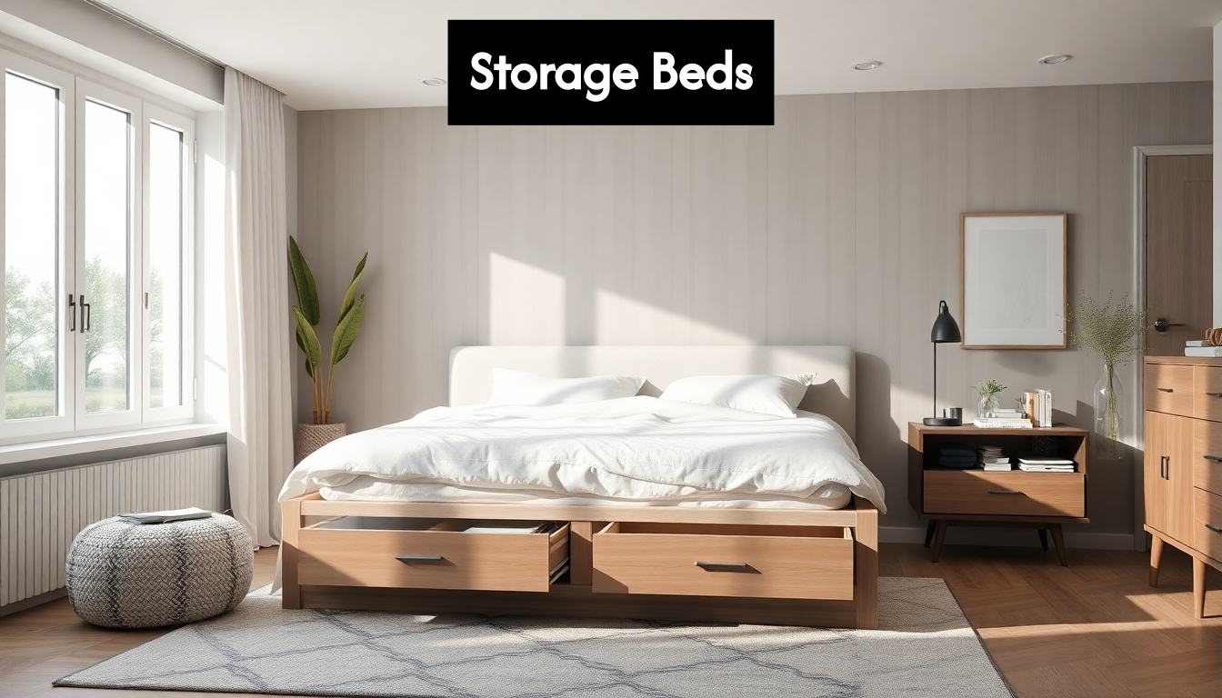 Modern bedroom with storage bed and organized decor