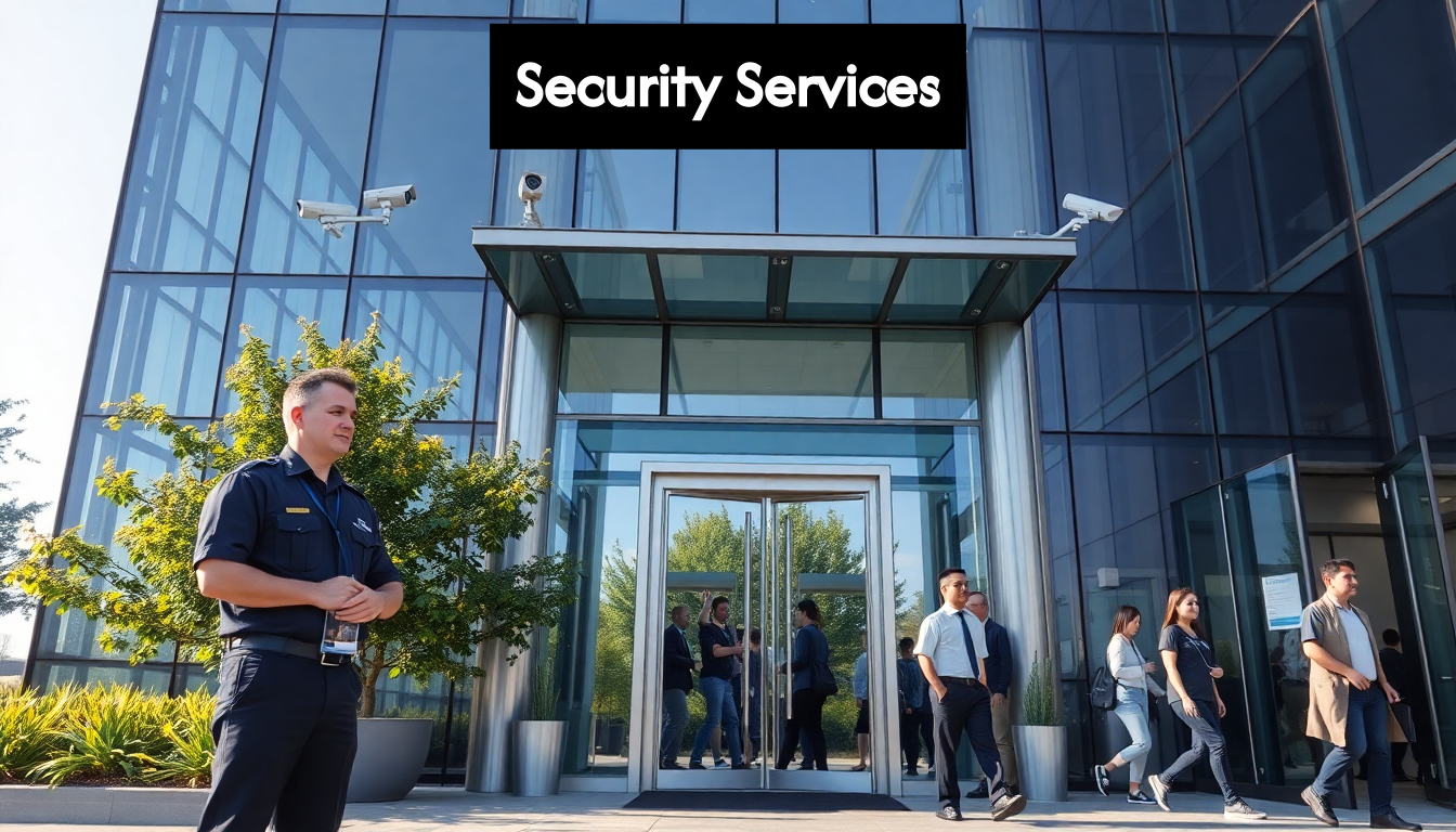 Modern building with security staff outside
