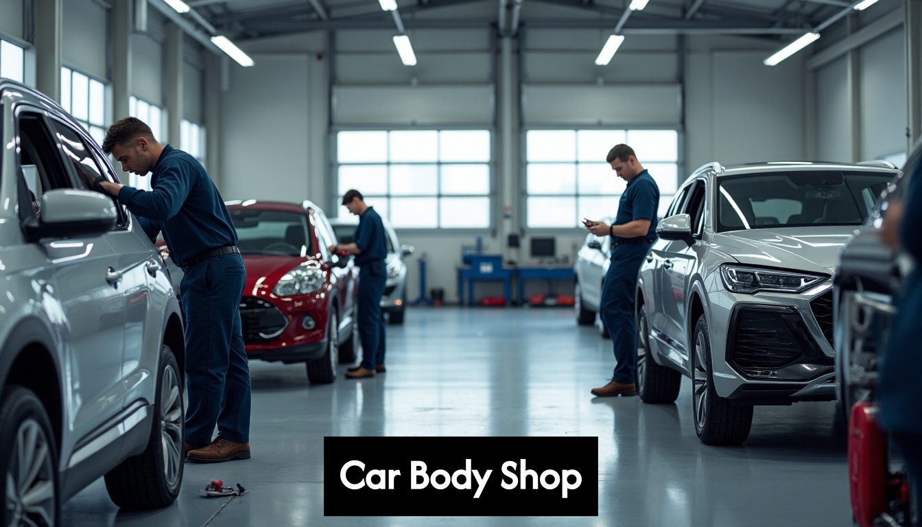 Modern car body shop with technicians at work
