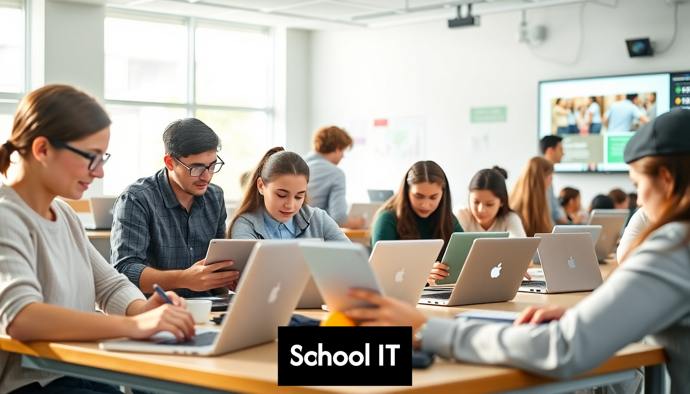 Modern classroom with students using technology