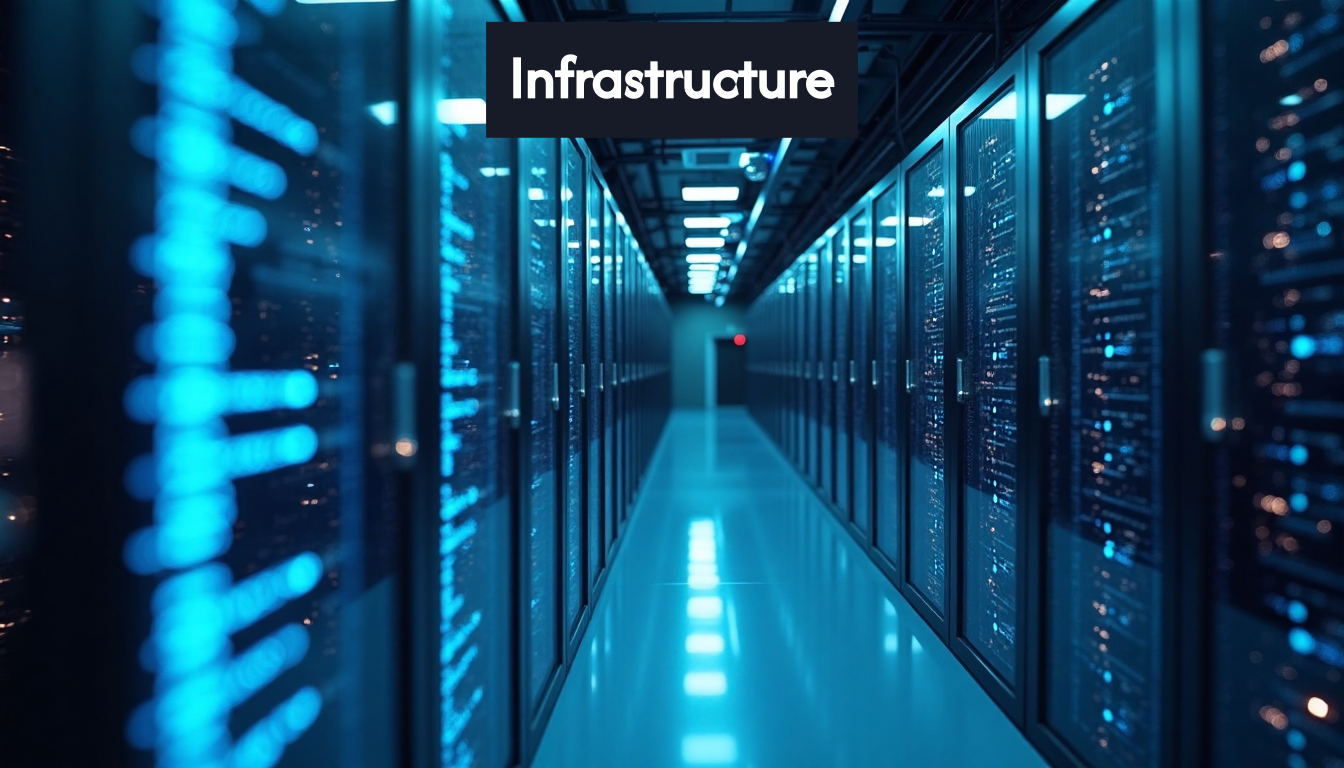 Modern data center bathed in blue light