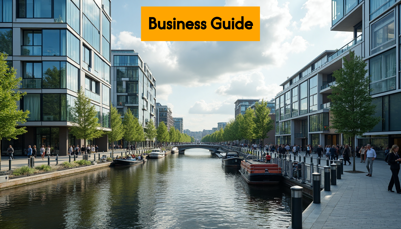 Modern Dutch business district with professionals outside