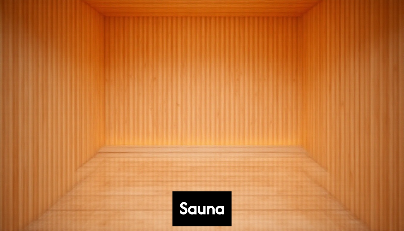 Modern home sauna interior with light wood and benches.