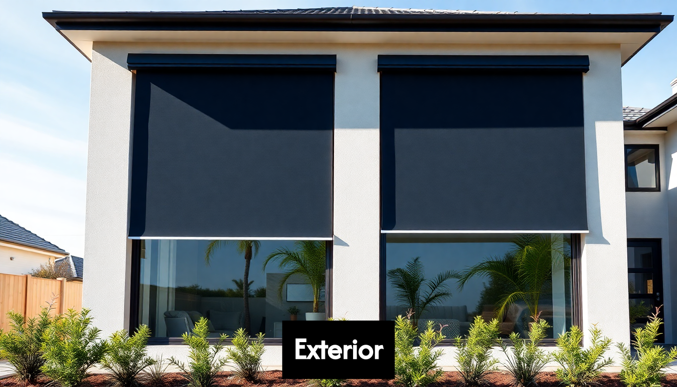 Modern house with dark exterior roller blinds on windows.