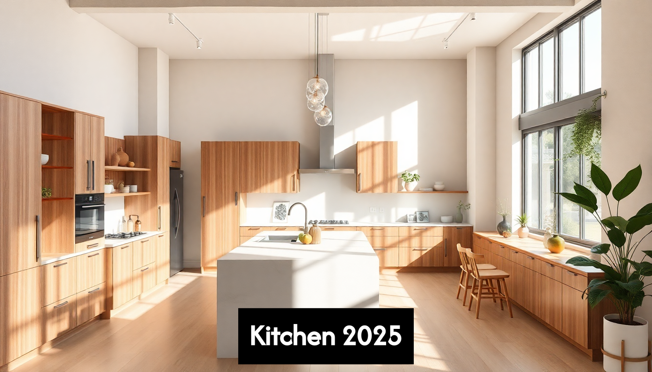 Modern kitchen with 2025 decor trends, natural light