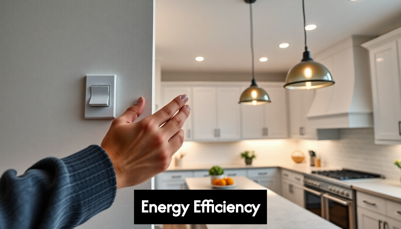 Modern kitchen with person adjusting smart light controls