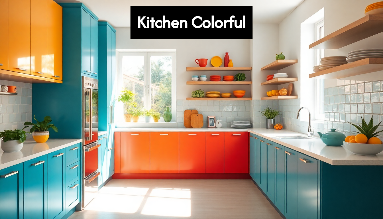 Modern kitchen with vibrant colors and decor