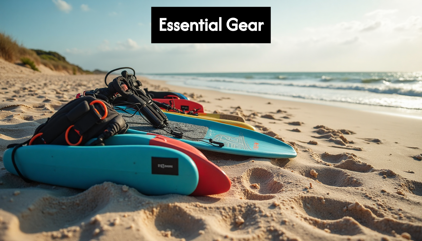Modern kitesurfing equipment on sandy beach