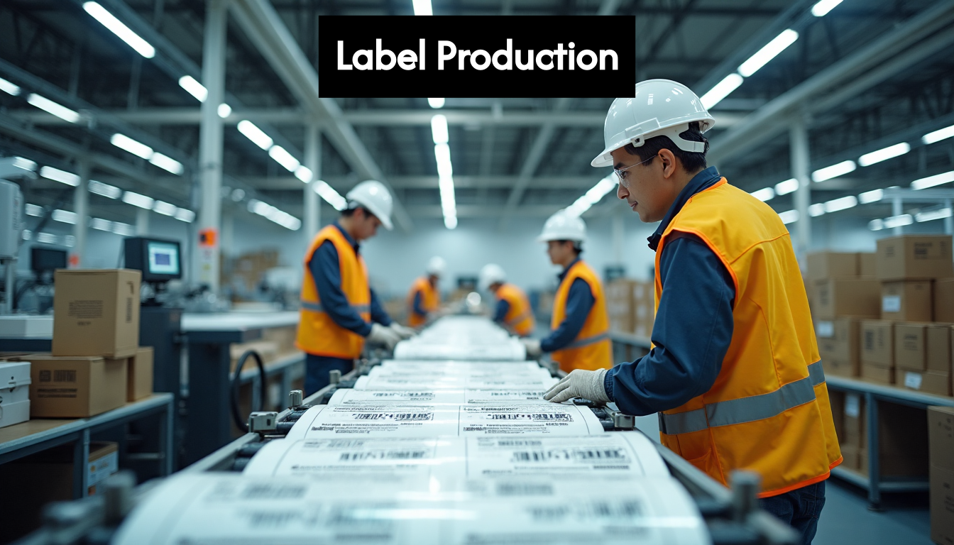 Modern label production factory with workers and machines