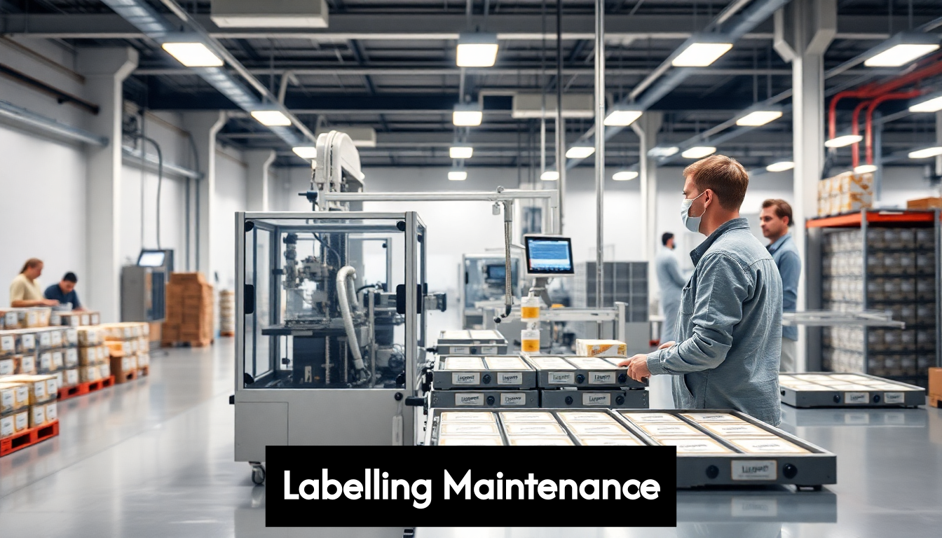 Modern labelling machine in manufacturing plant