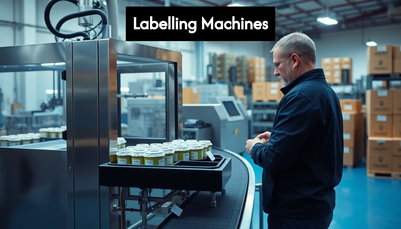 Modern labelling machine on factory floor with operator