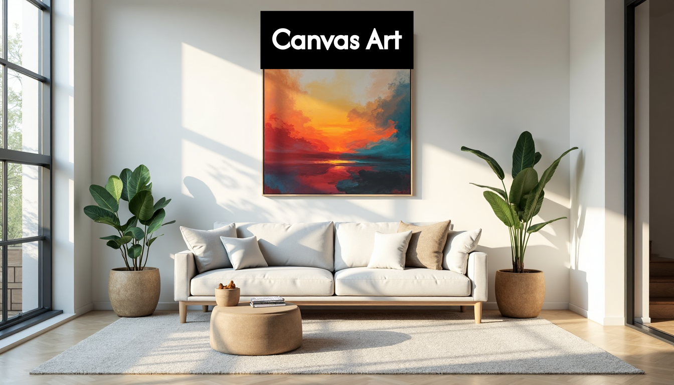 Modern living room with canvas wall art centerpiece