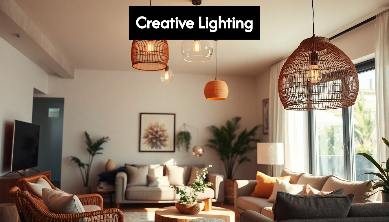 Modern living room with creative lighting and pendants