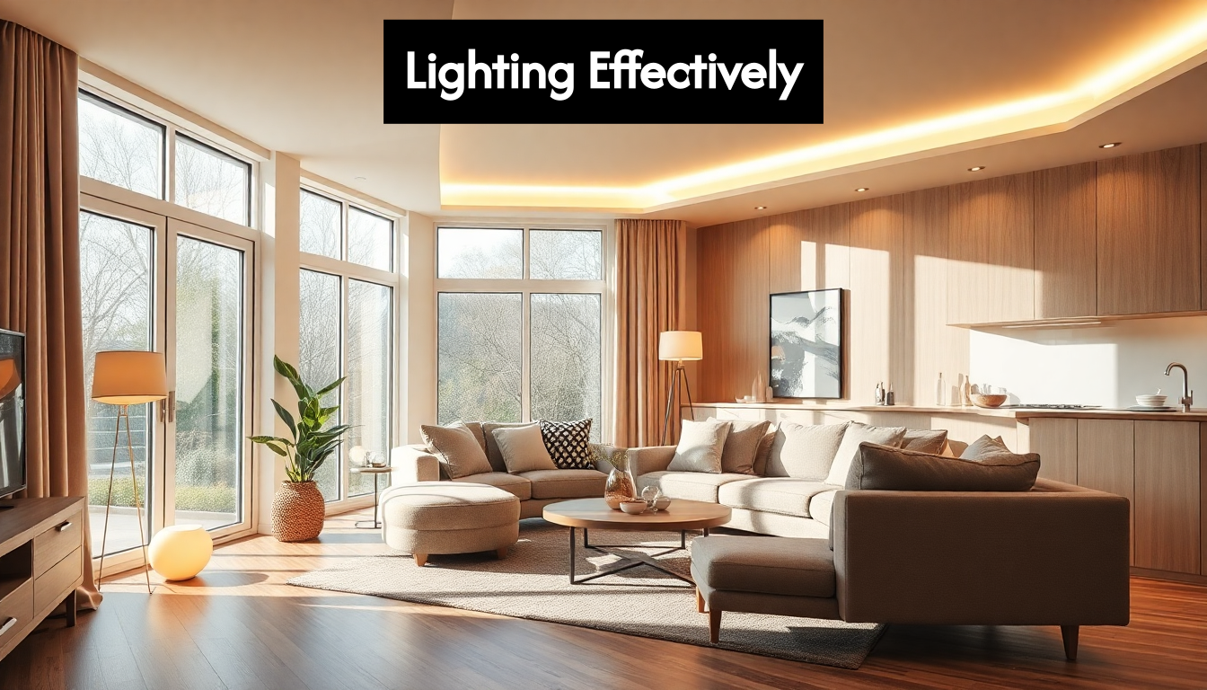 Modern living room with layered lighting and daylight