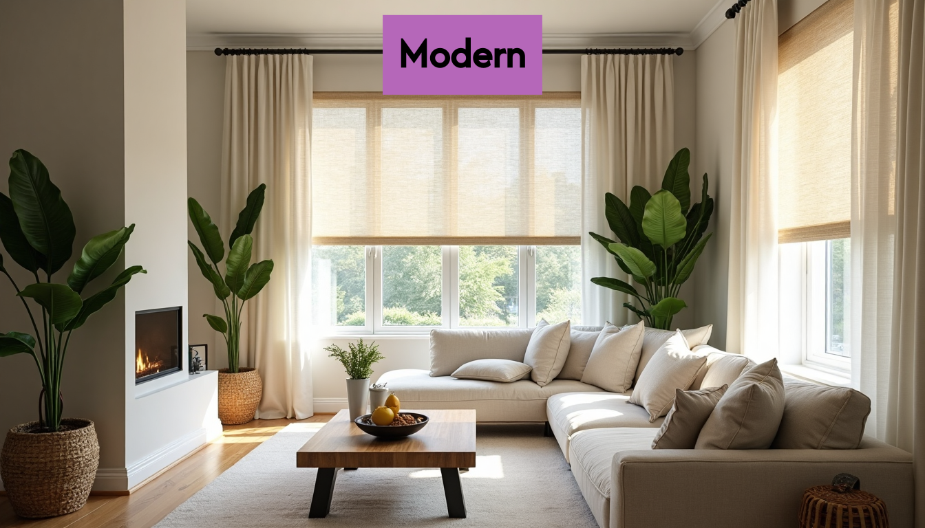 Modern Interior Modern living room with sheer curtains and roller blinds