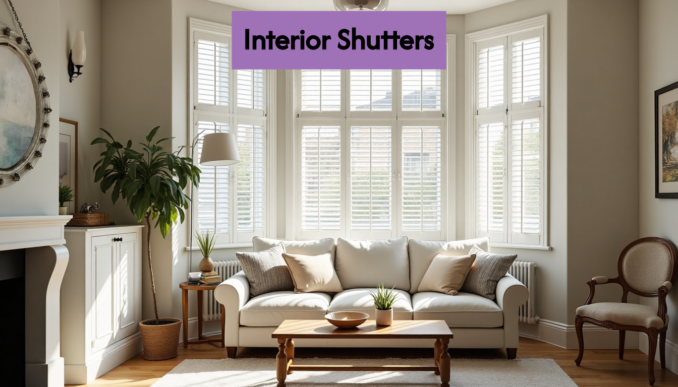 Modern living room with white plantation shutters