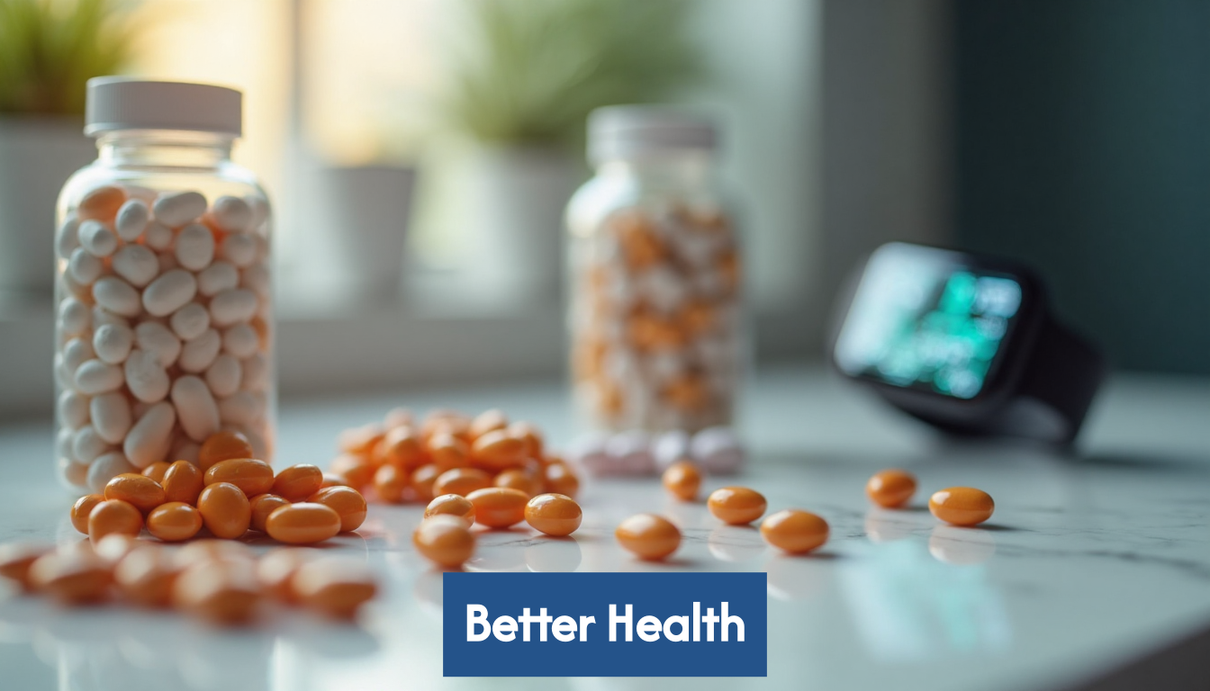 Modern nutrition pills and smart bottles on counter