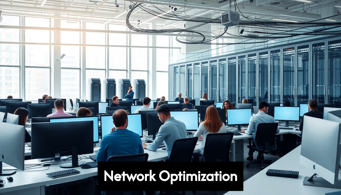 Modern office with networking equipment and employees