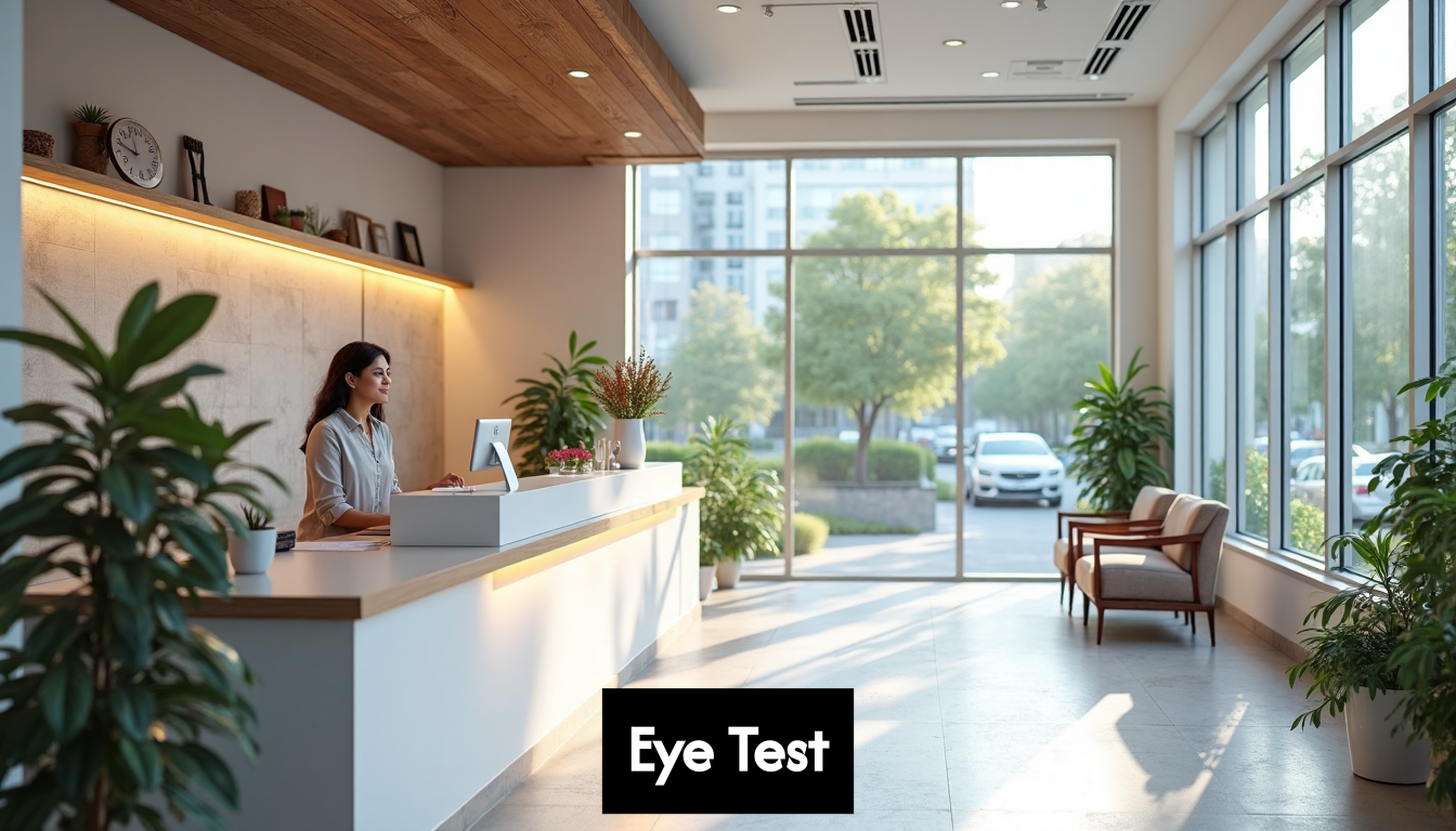 Modern optometry clinic entrance with receptionist