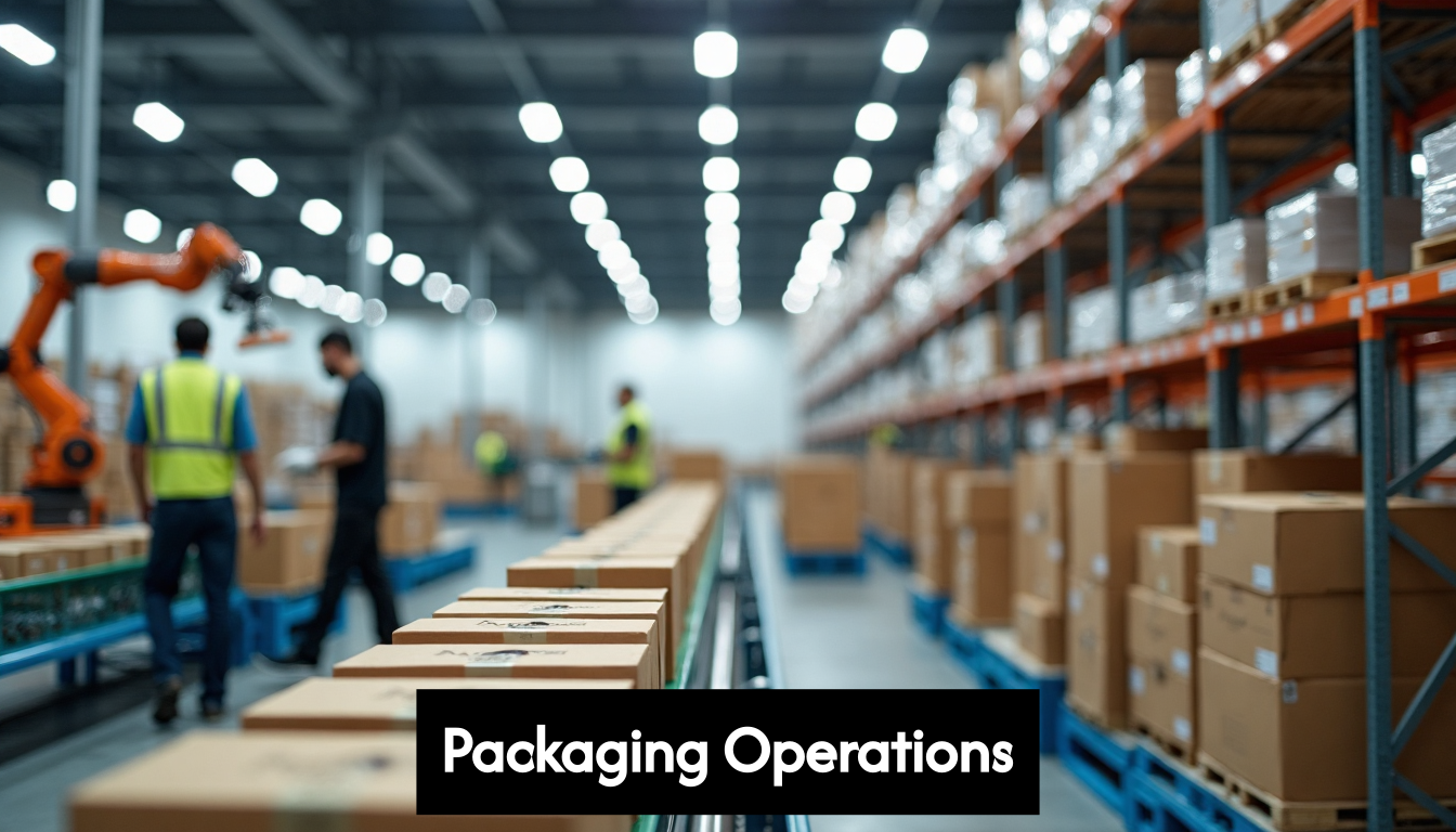 Modern packaging warehouse with robotics and staff