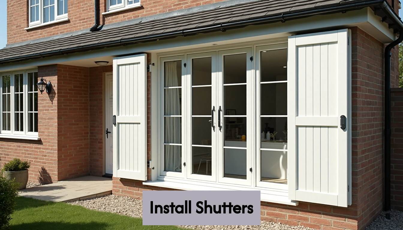 Modern UK house with white window shutters