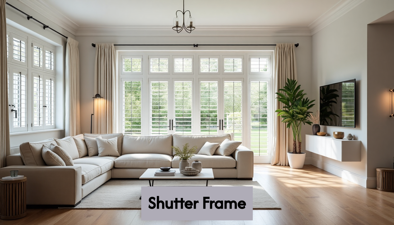 Modern UK living room with full height shutters