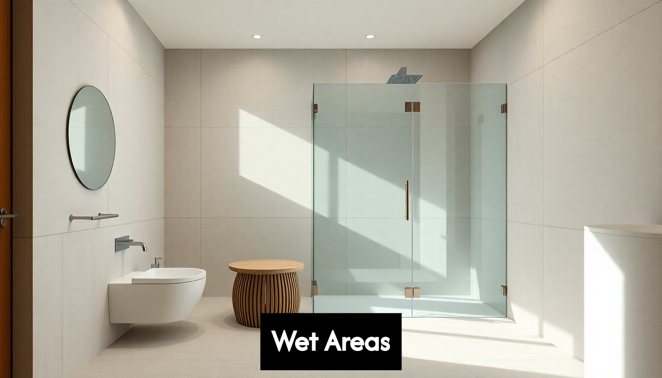 Modern wet bathroom with porcelain tiled surfaces