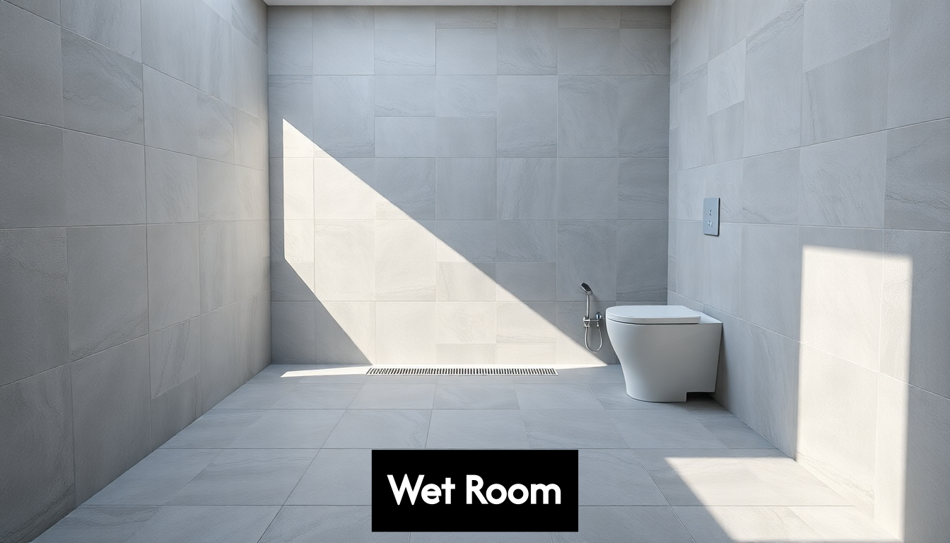 Modern wet room with large gray tiles and linear drain