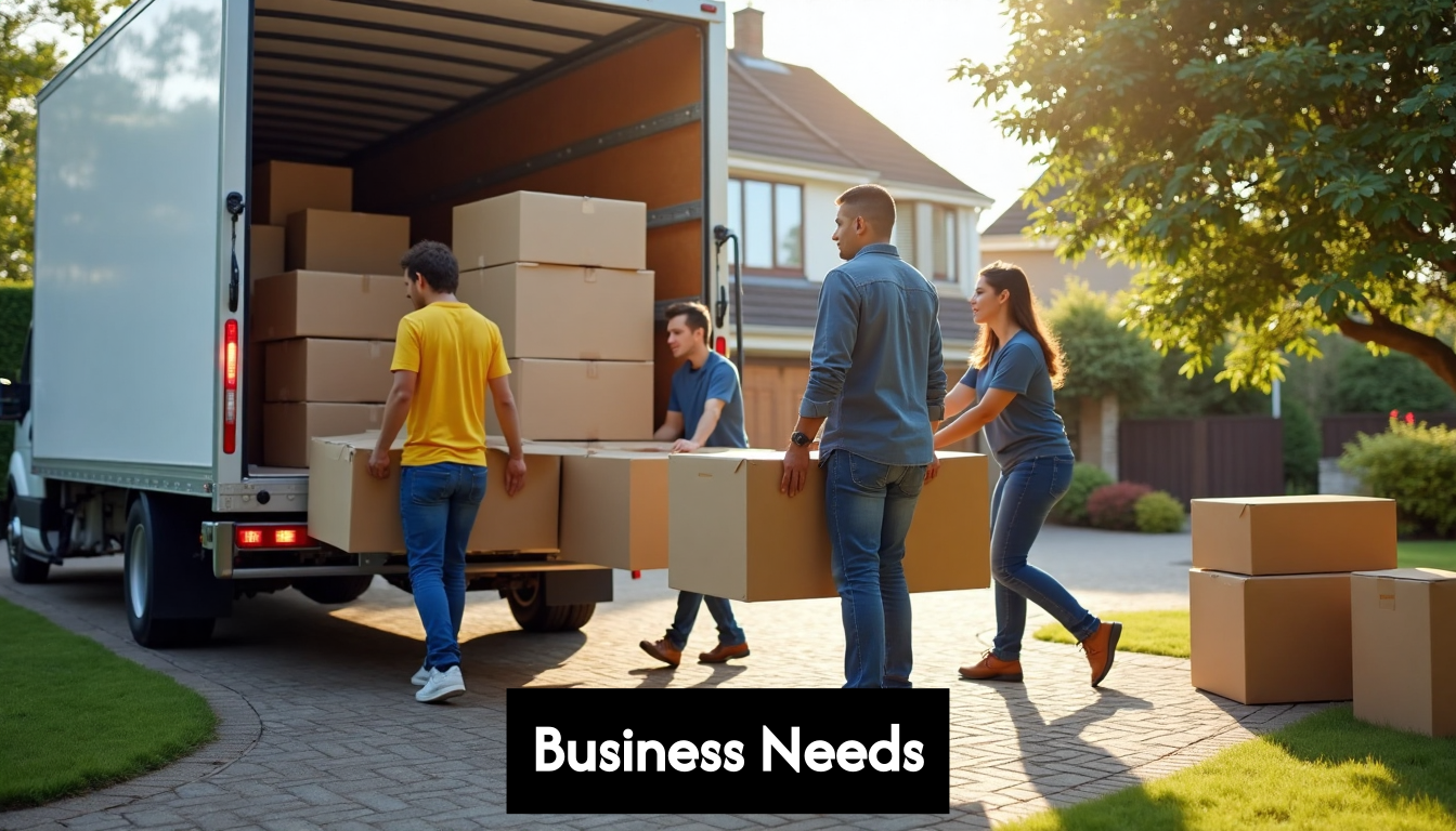 Movers loading boxes and furniture into lorry