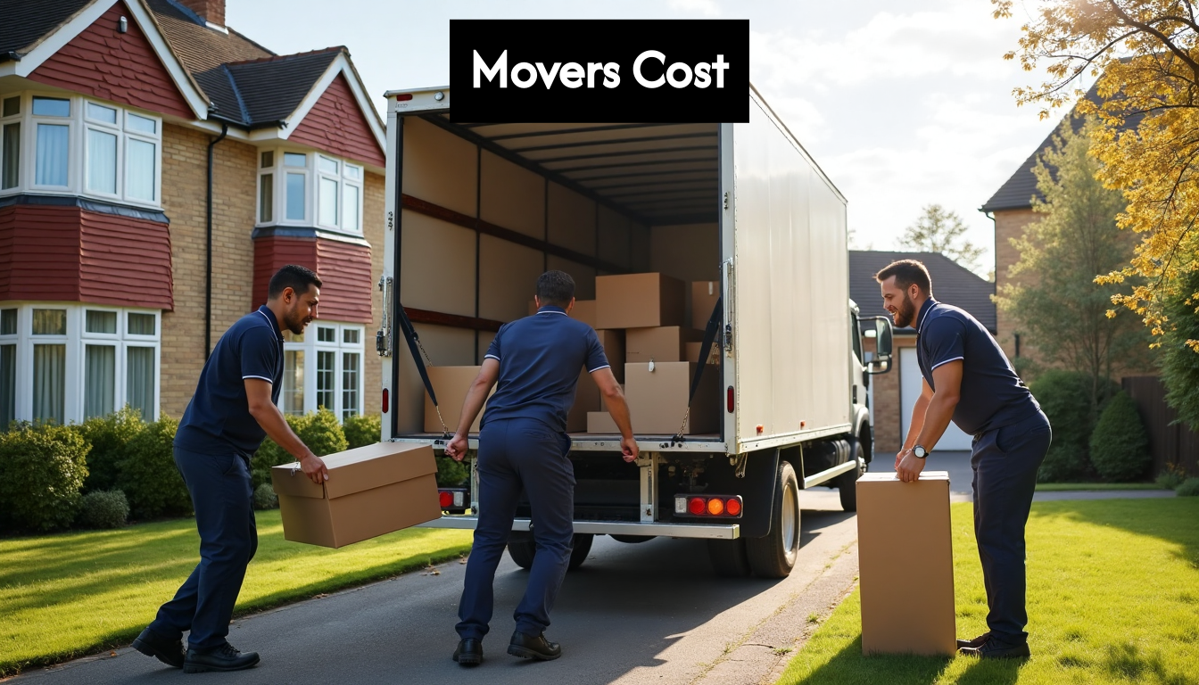 Movers loading boxes into truck outside UK home