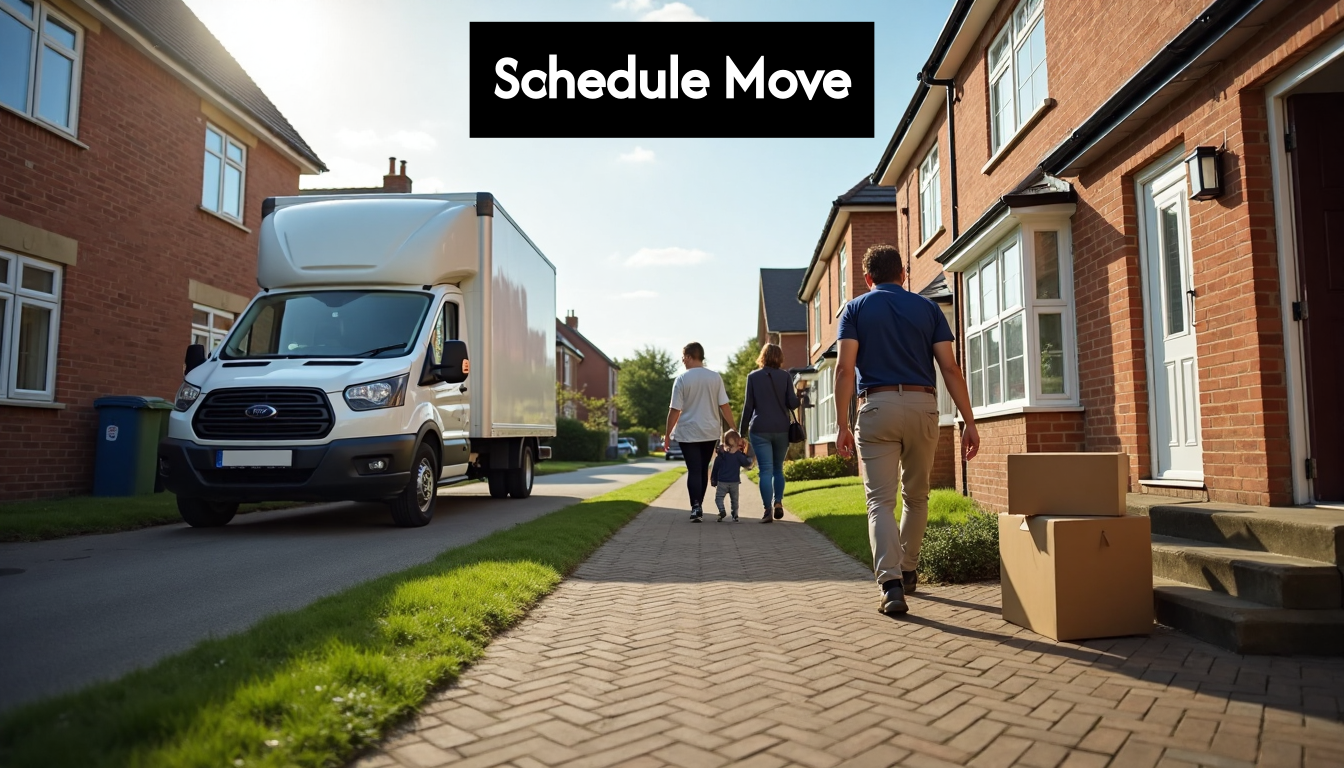 Movers loading van in front of house