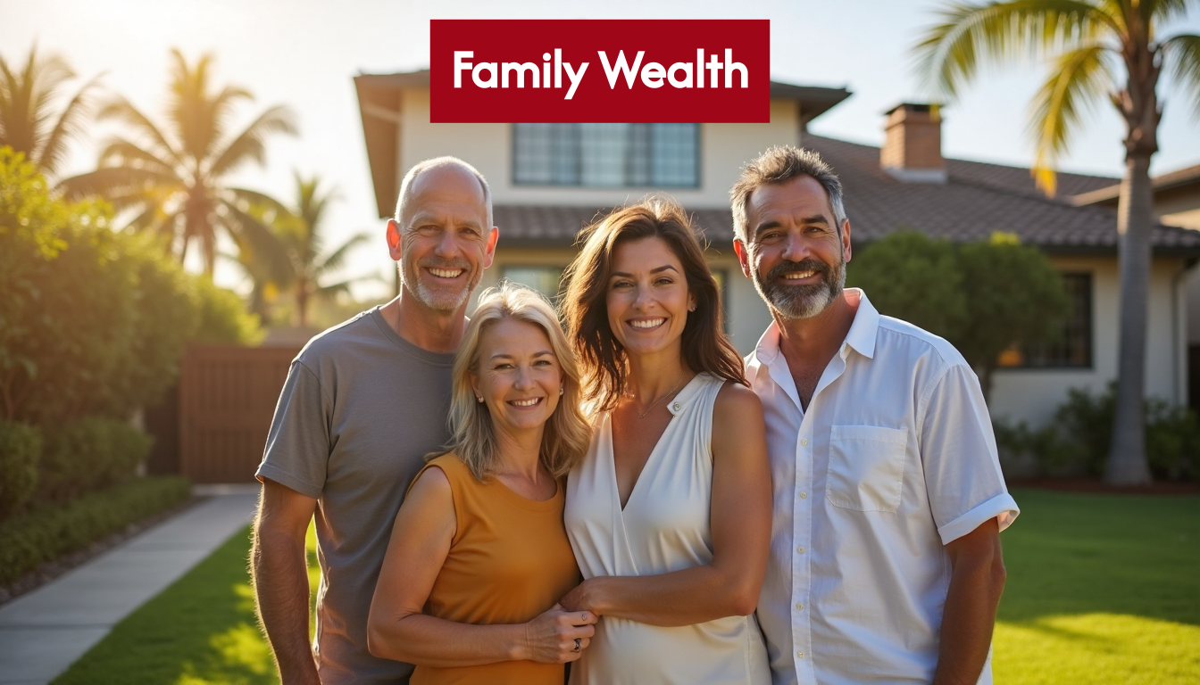 Multi-generational California family standing in front of home