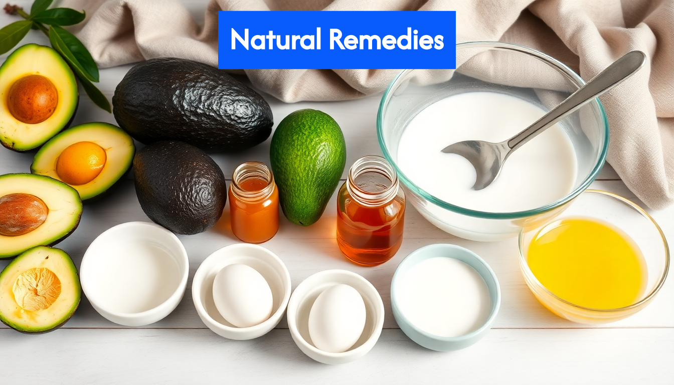 Natural ingredients prepared for hair mask on kitchen counter