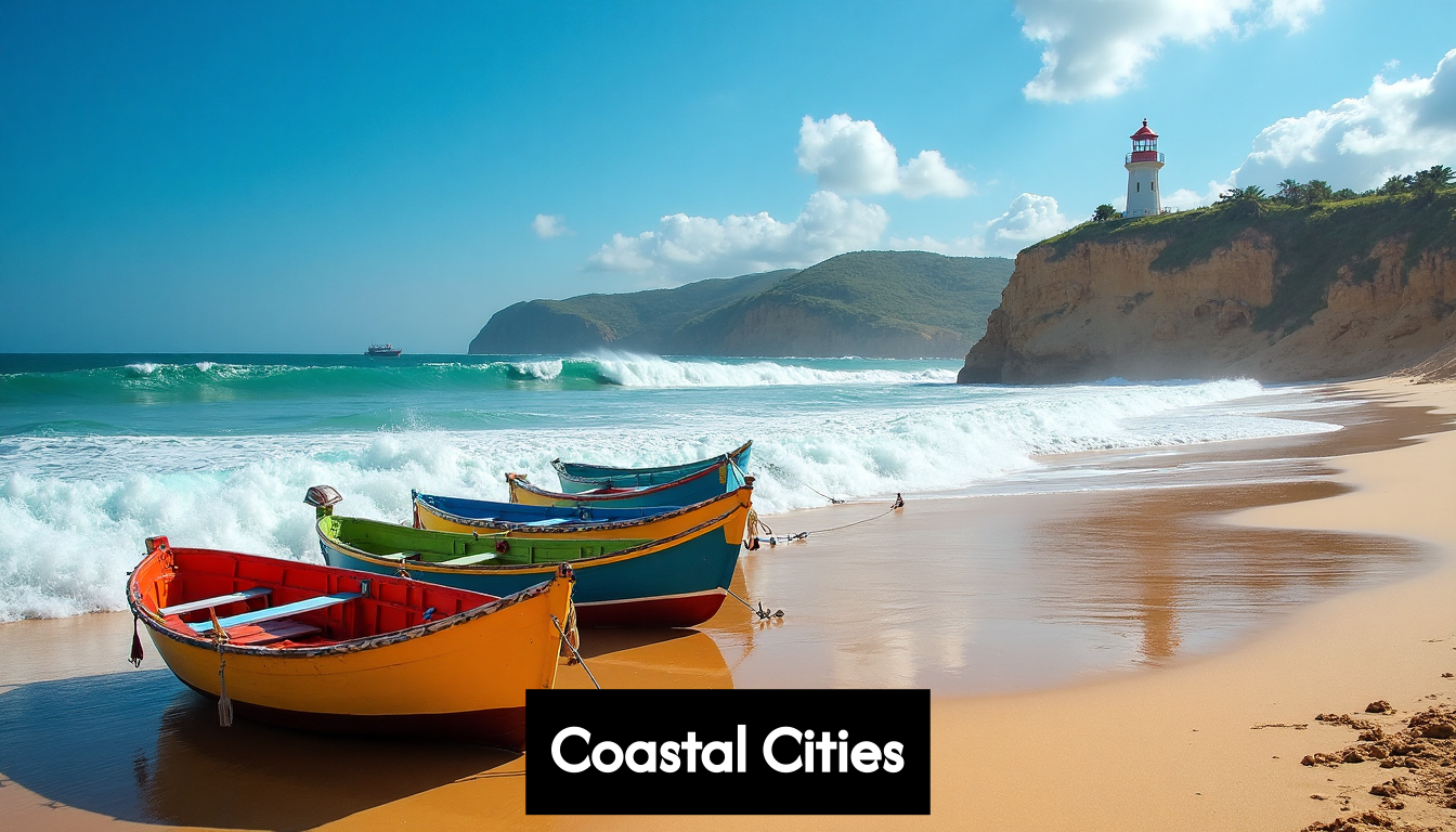 Nazaré beach with big waves and fishing boats